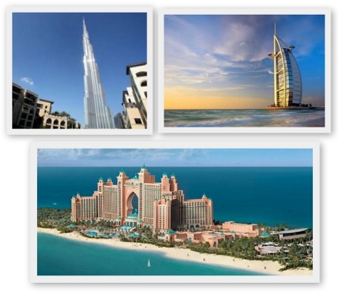 Famous Dubai landmarks include the newly opened Burj Khalifa tower, the stunning Burj Al-Arab hotel where guests arrive by helicopter and Atlantis the Palm, build into the sea on reclaimed land Famous Dubai landmarks include the Burj Khalifa tower, the stunning Burj Al-Arab hotel where guests arrive by helicopter, and Atlantis the Palm, built into the sea on reclaimed land