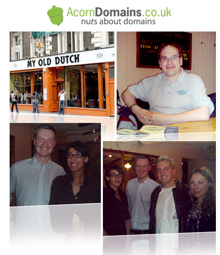 Acorn Domains London Gathering. Top Left: restaurant in Holborn. Top Right: Famous domainer Edwin. Bottom Left: representatives from Sedo. Bottom Right: Murray Newlands, Cleverat Director, with three representatives from Sedo UK and Germany